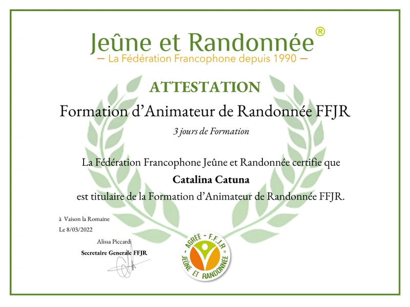 Attestation Animateur de Randonnée FFJR — Catalina Catuna, 2022