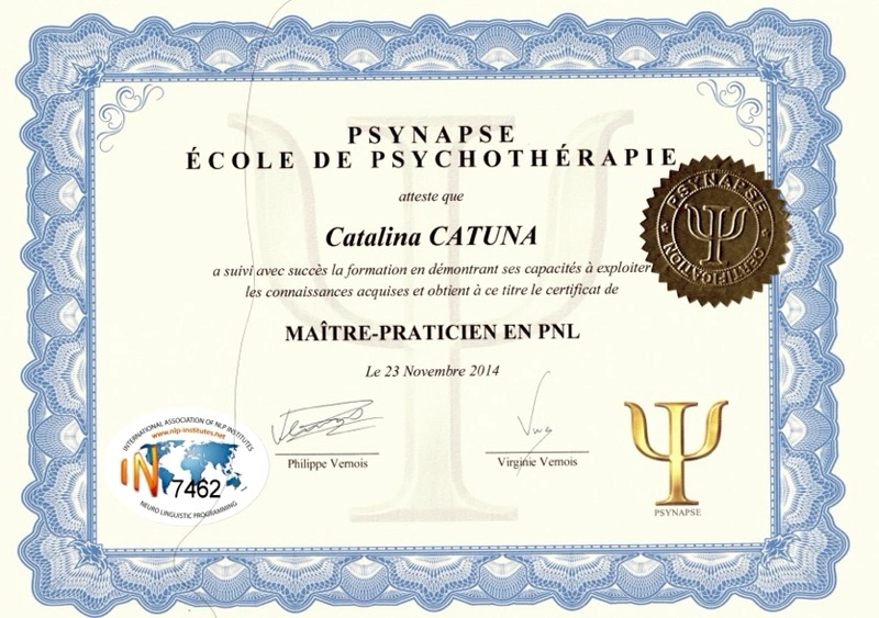 Diplôme Maître-Praticien en PNL — Psynapse, Catalina Catuna, 2014